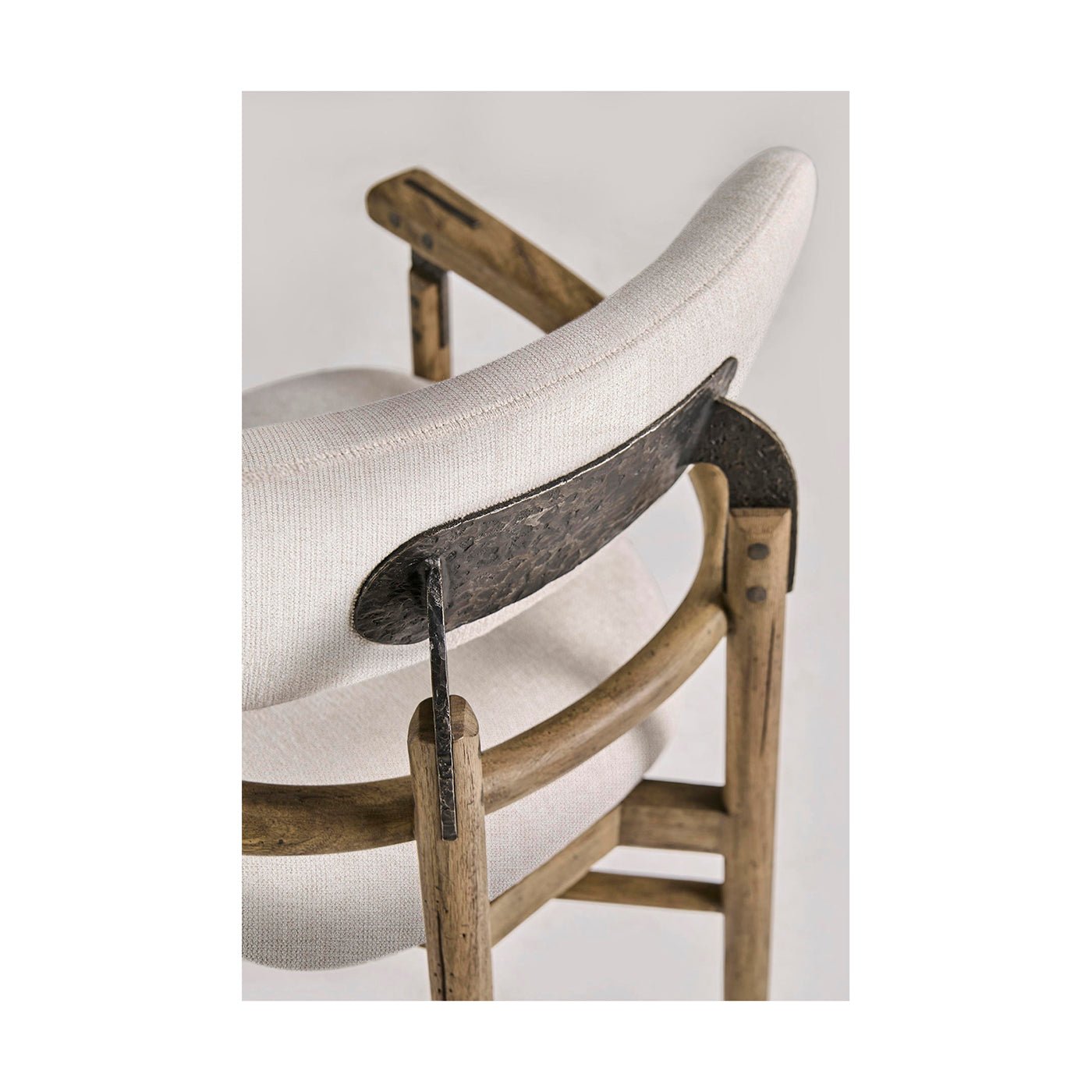 Modern rustic armchair overhead view, backrest and arm detail
