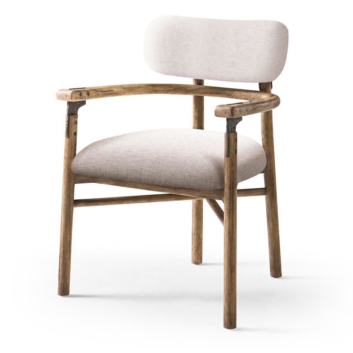 Modern rustic armchair, front angle view, upholstered seating