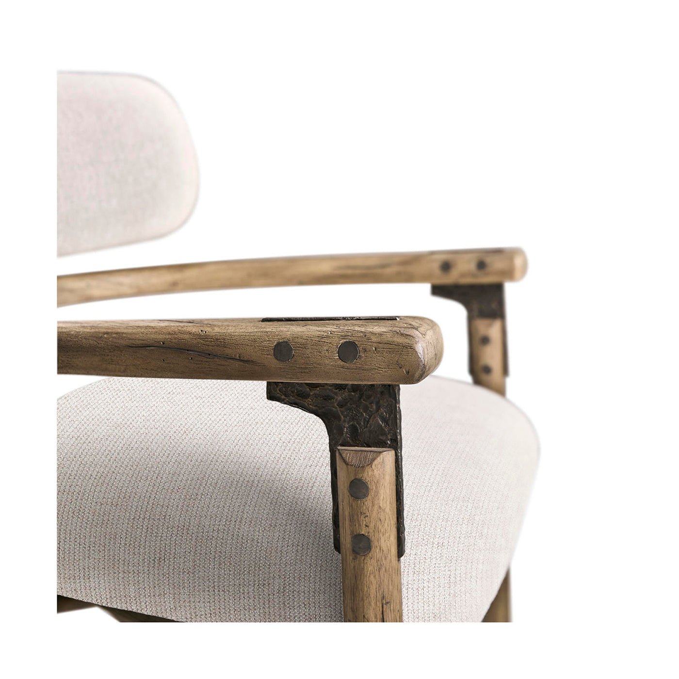 Modern rustic armchair close-up, armrest details and upholstery