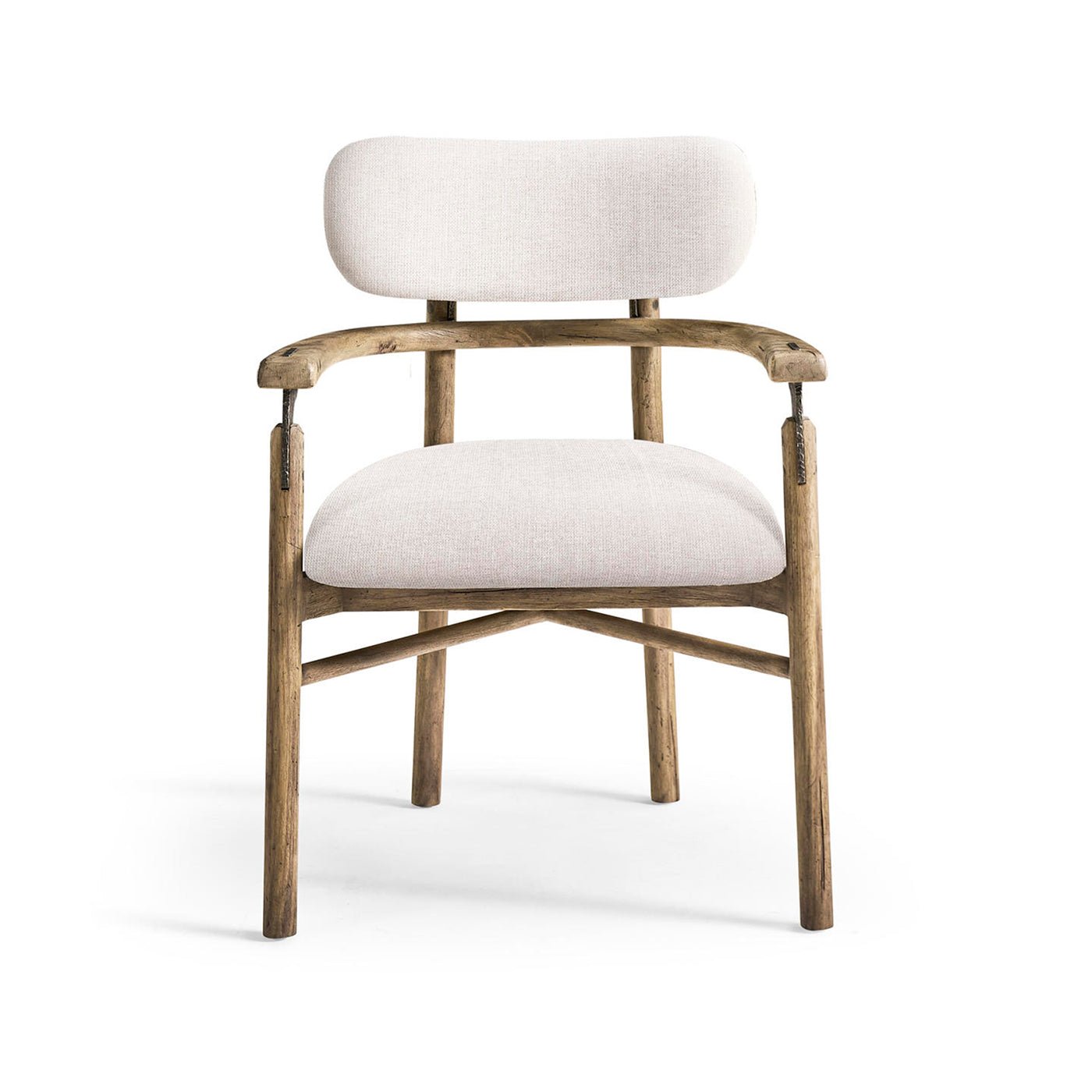 Modern rustic armchair, direct front view, wood and fabric