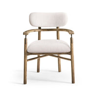 Modern rustic armchair, direct front view, wood and fabric