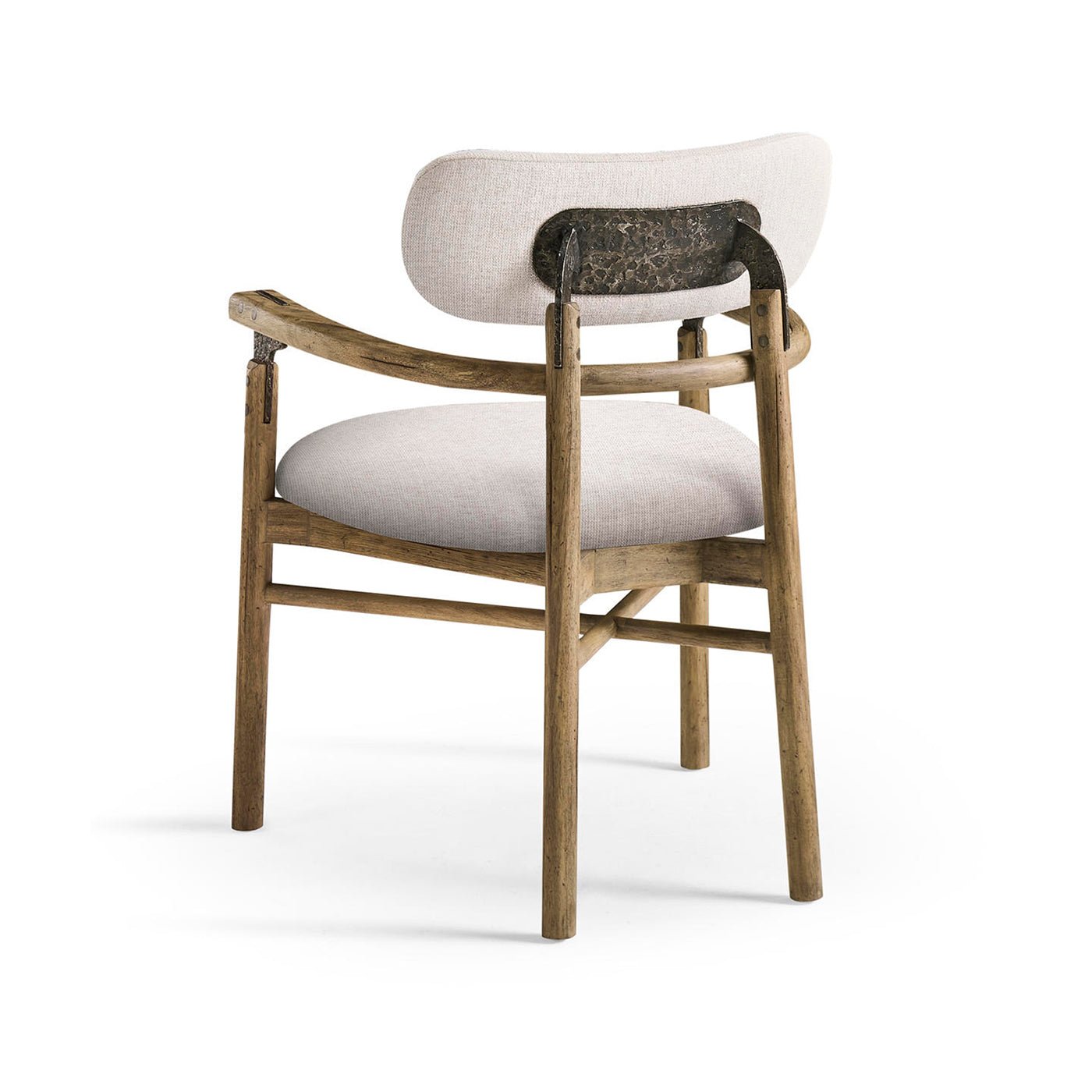 Modern rustic armchair, rear angle view, showcasing backrest and legs
