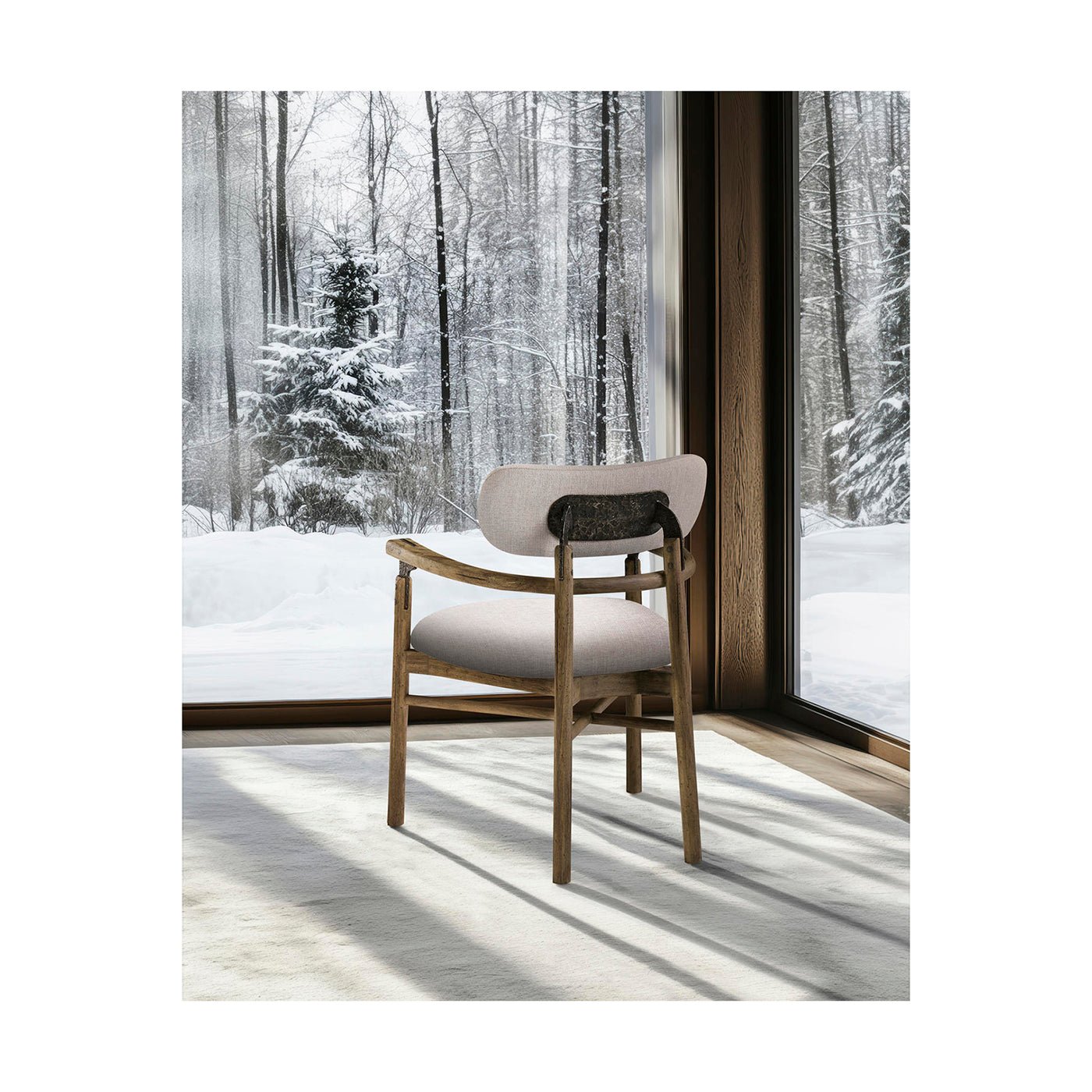 Modern rustic armchair in winter setting, stylish wooden frame