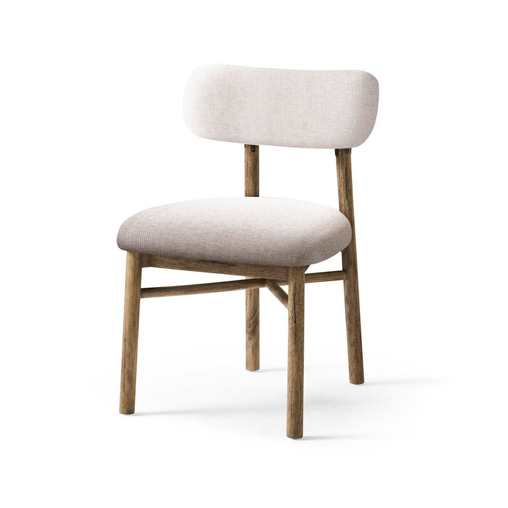 Rustic upholstered side chair, angle view, wood and fabric.
