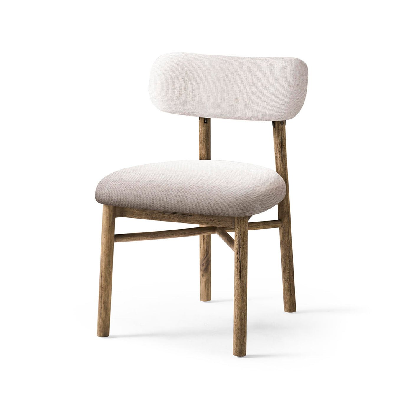 Rustic upholstered side chair, angle view, wood and fabric.