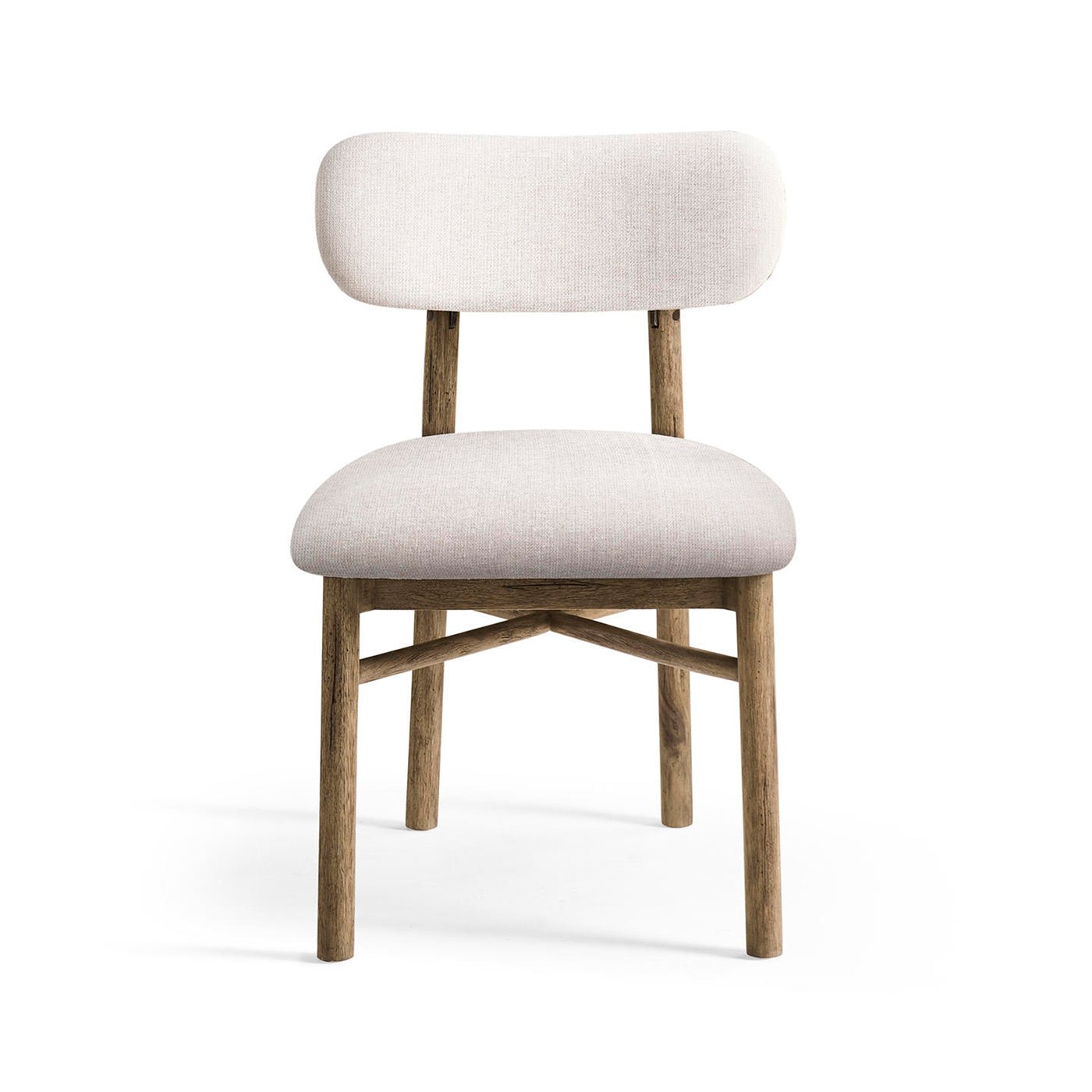 Front view of modern rustic upholstered side chair.