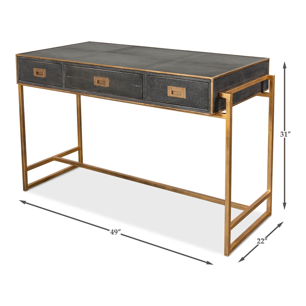 Dimensions of modern leather desk with gold frame.