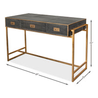 Dimensions of modern leather desk with gold frame.
