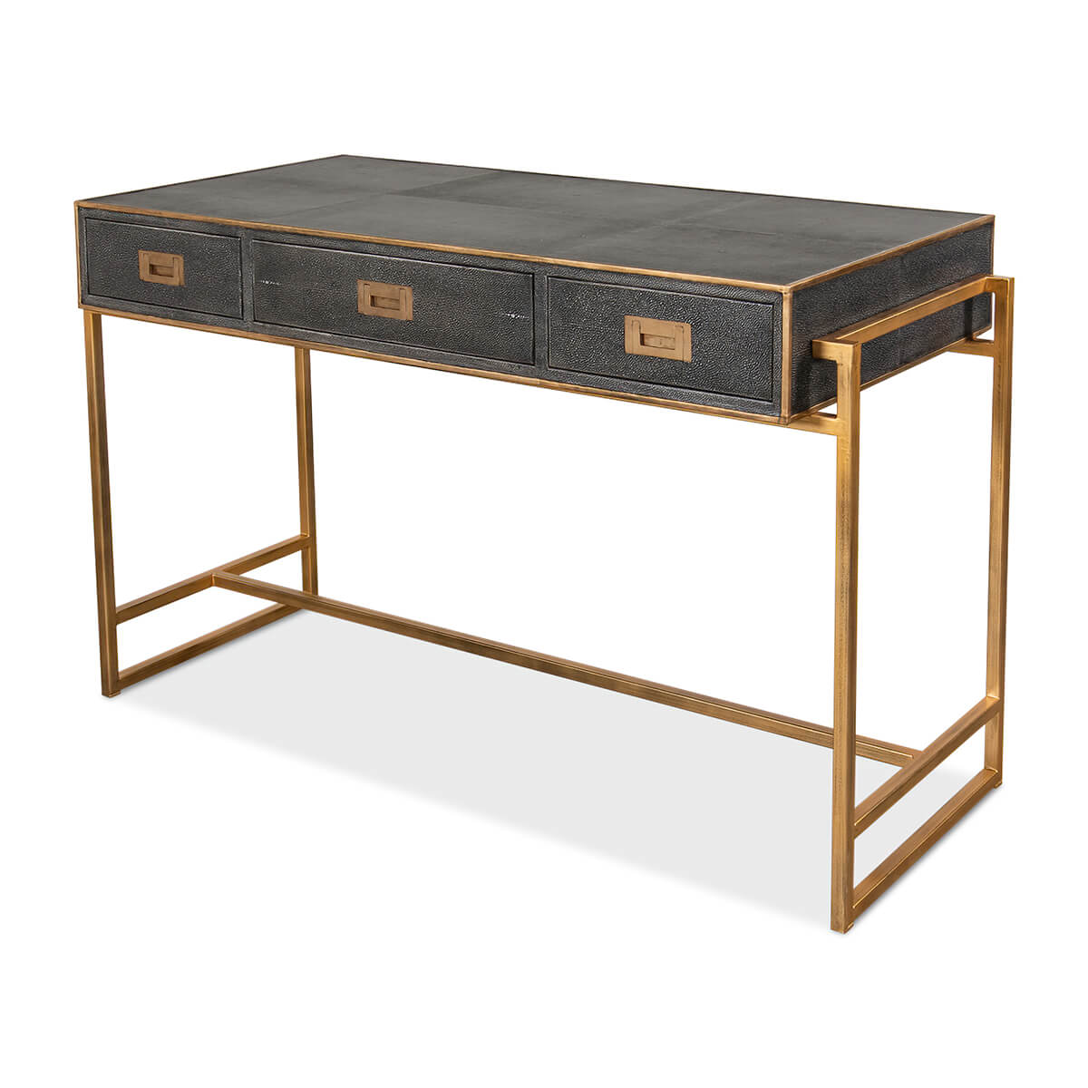 Modern desk with leather top and gold frame angle.