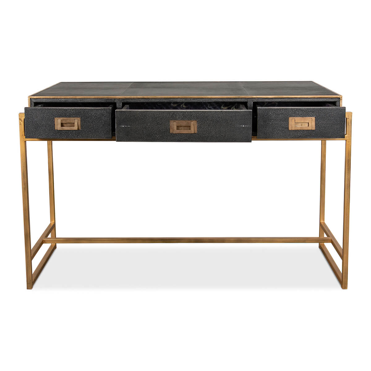 Desk with partially open center drawer visible.