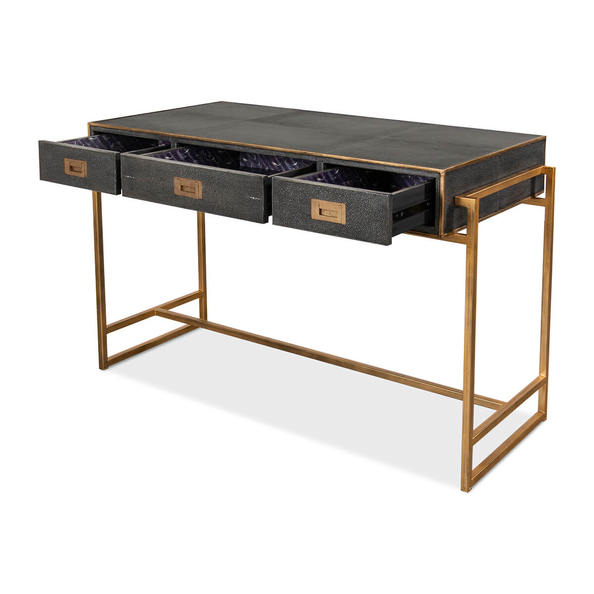 Modern desk with all drawers opened out.