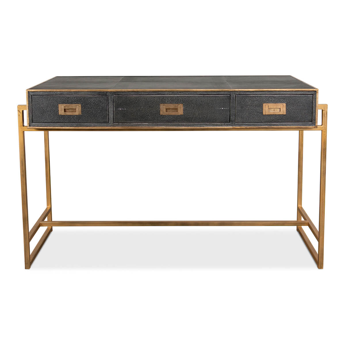 Front view of modern leather desk with drawers.