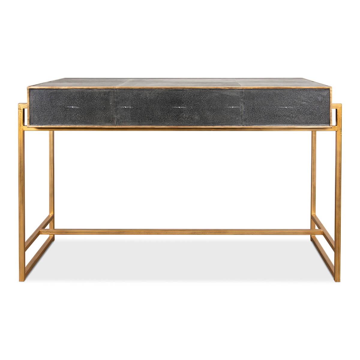 Rear view displaying leather back of modern desk.