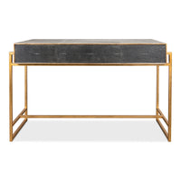 Rear view displaying leather back of modern desk.