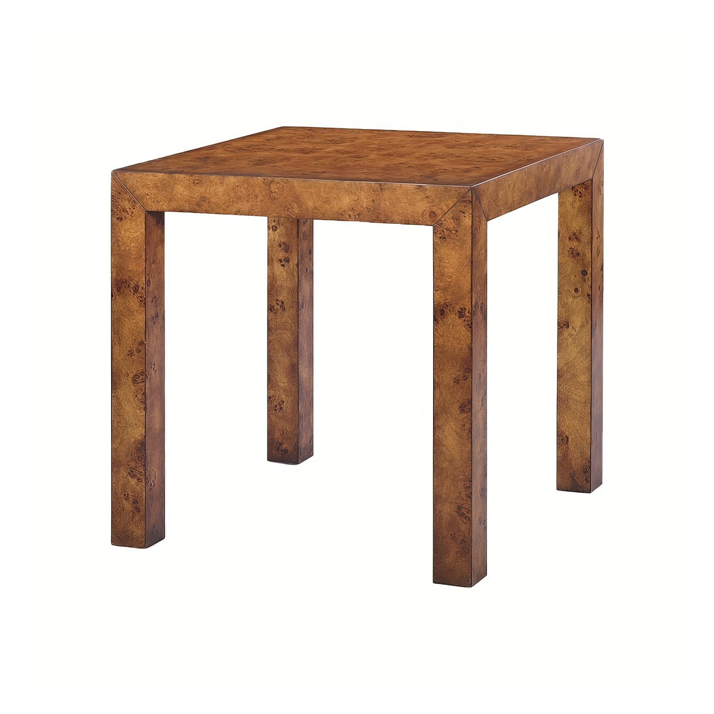 Modern square burl end table, front view.