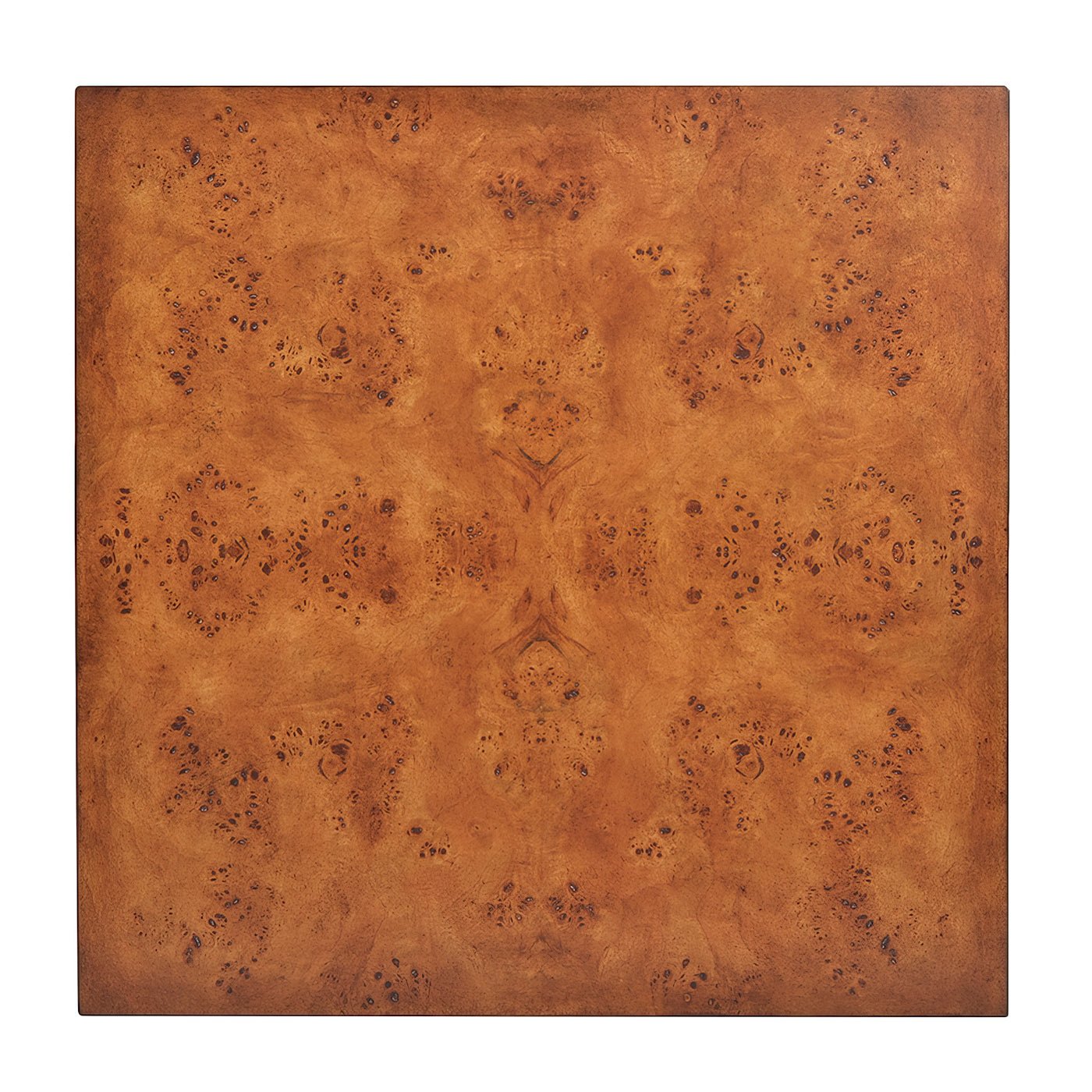 Modern square burl end table, top detail view.