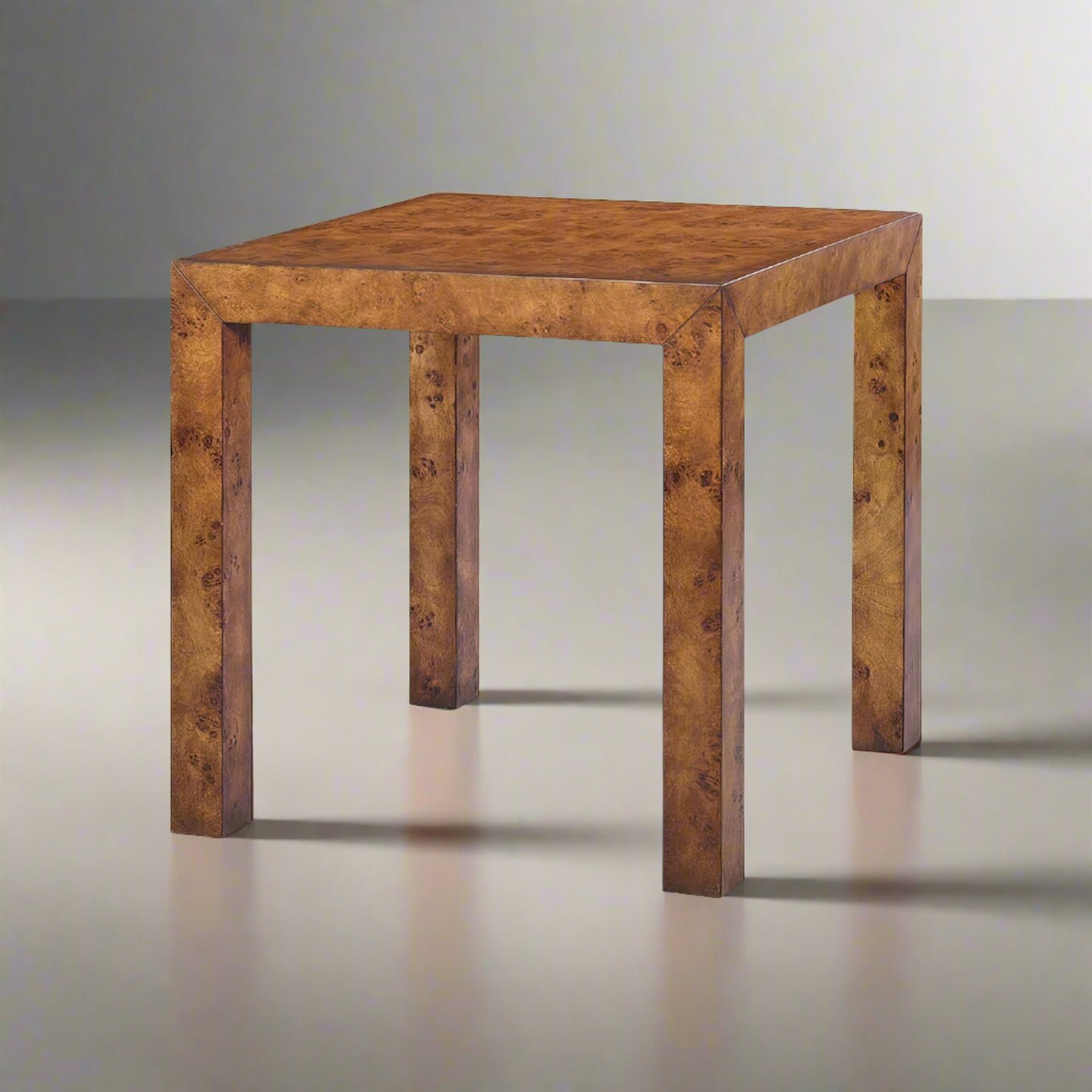 Modern square burl end table, angled side view.