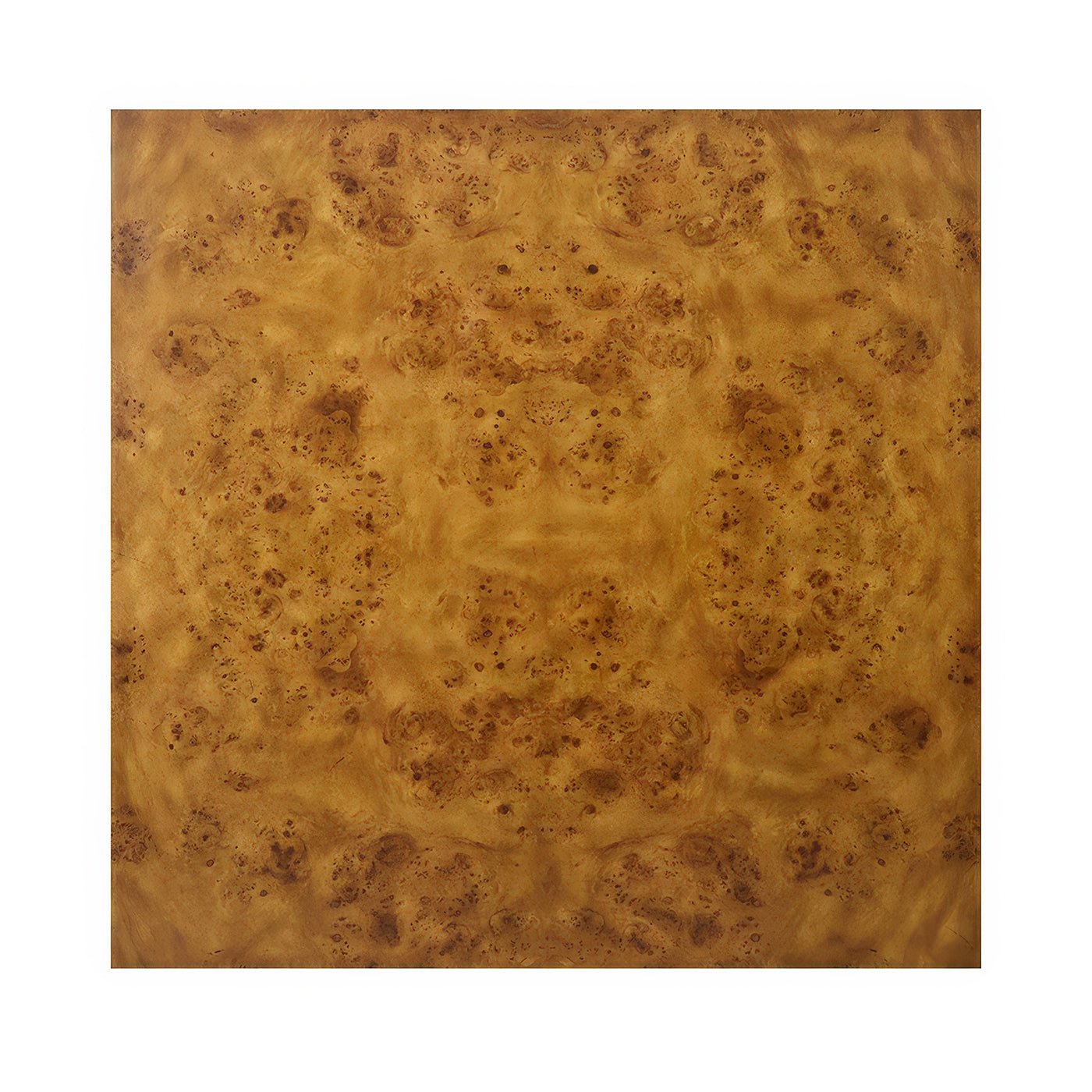 Top view of square burl wood coffee table surface.