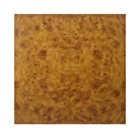 Top view of square burl wood coffee table surface.