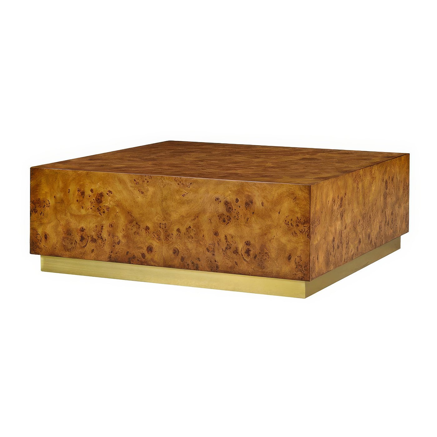 Square burl wood coffee table, angled view.