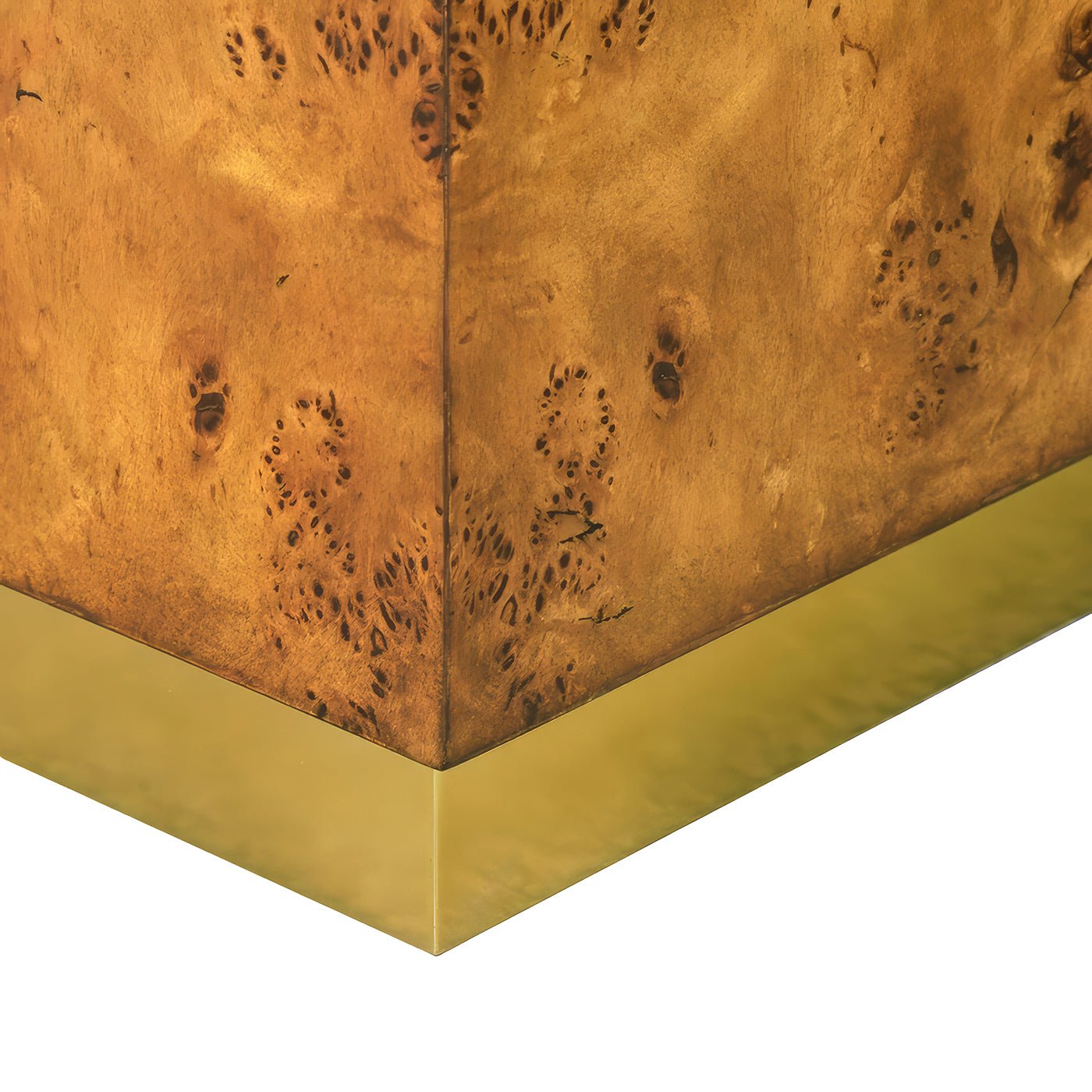 Corner detail of square burl wood coffee table.