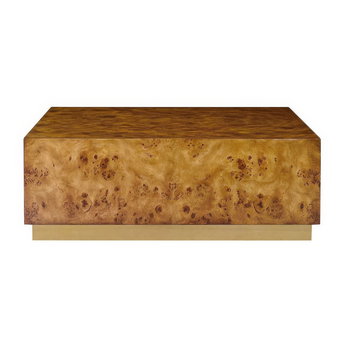 Square burl wood coffee table, front view.