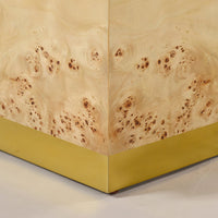 Light burl wood coffee table, corner detail.