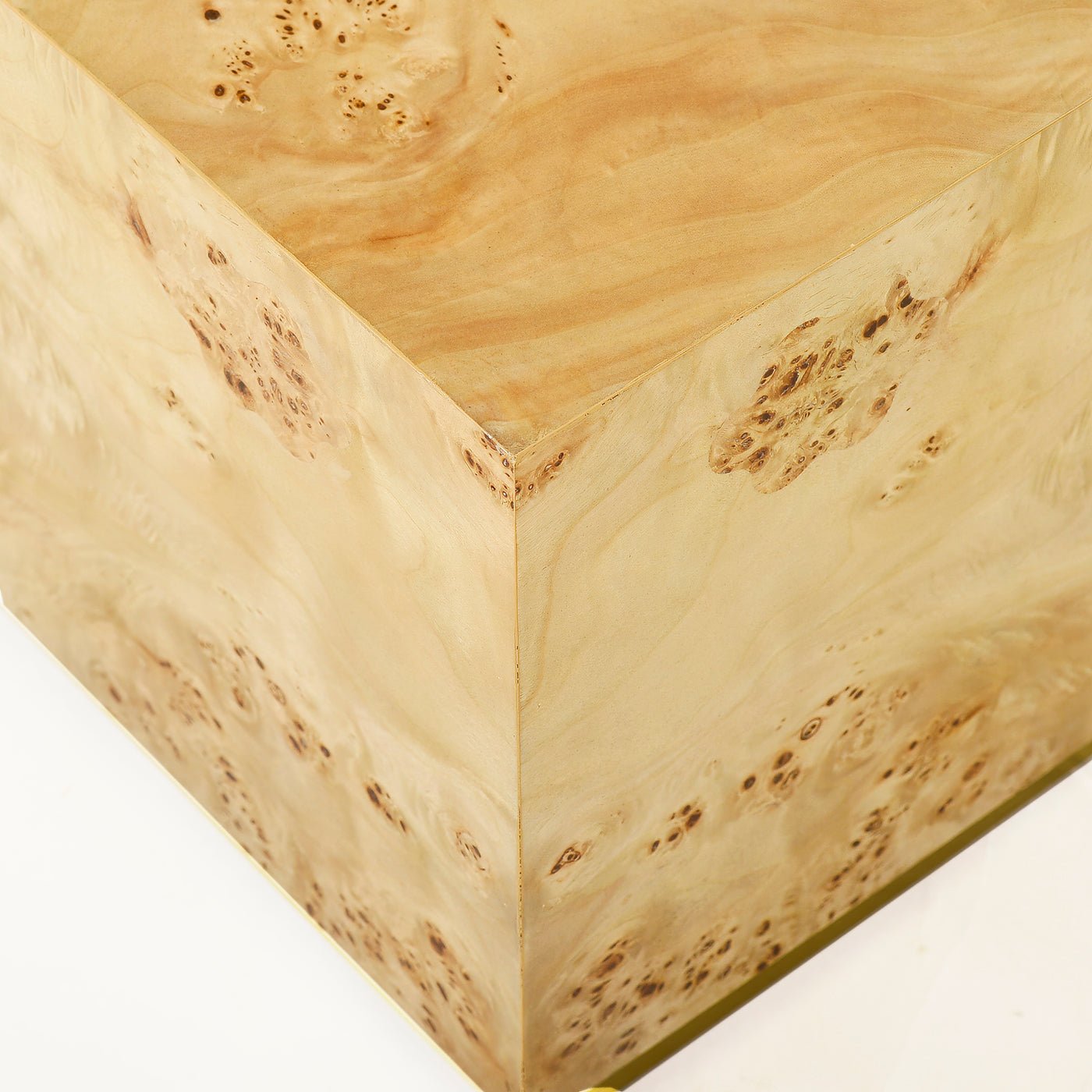 Light burl wood coffee table, top corner perspective.