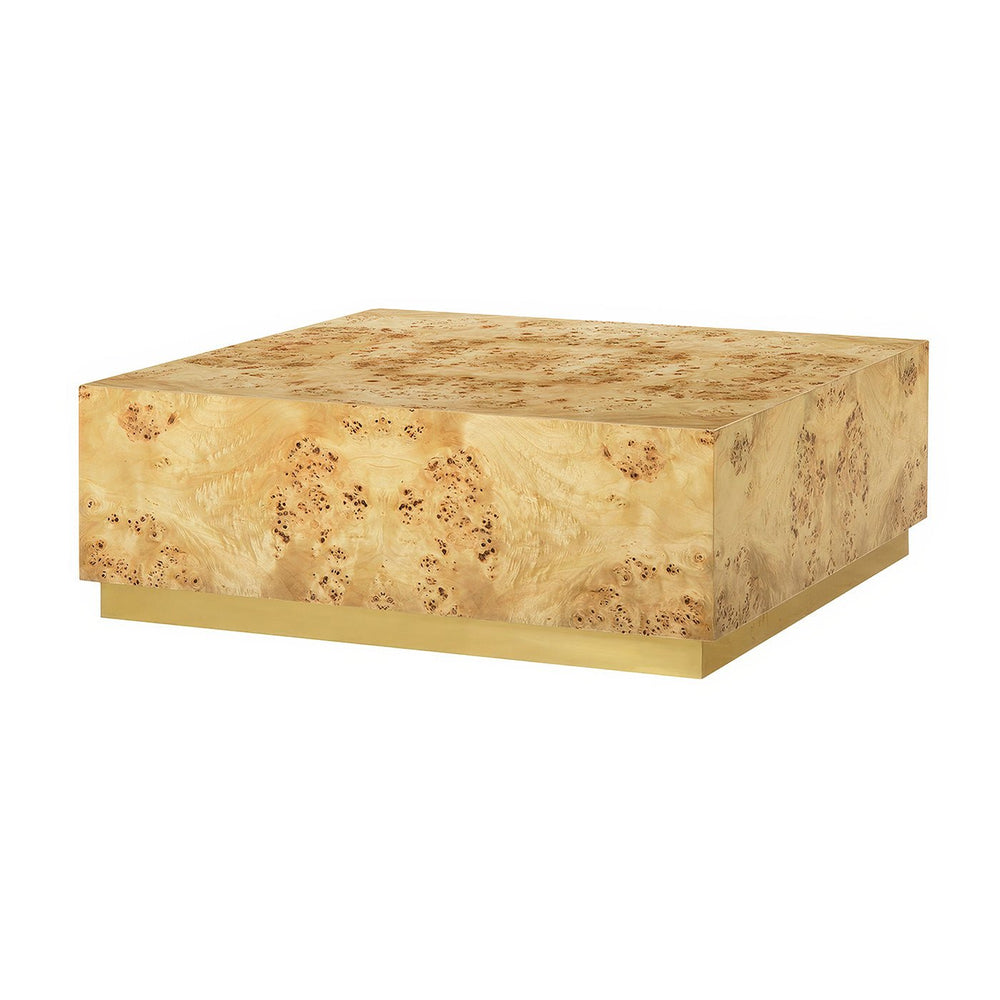 Light burl wood coffee table, square, front view.