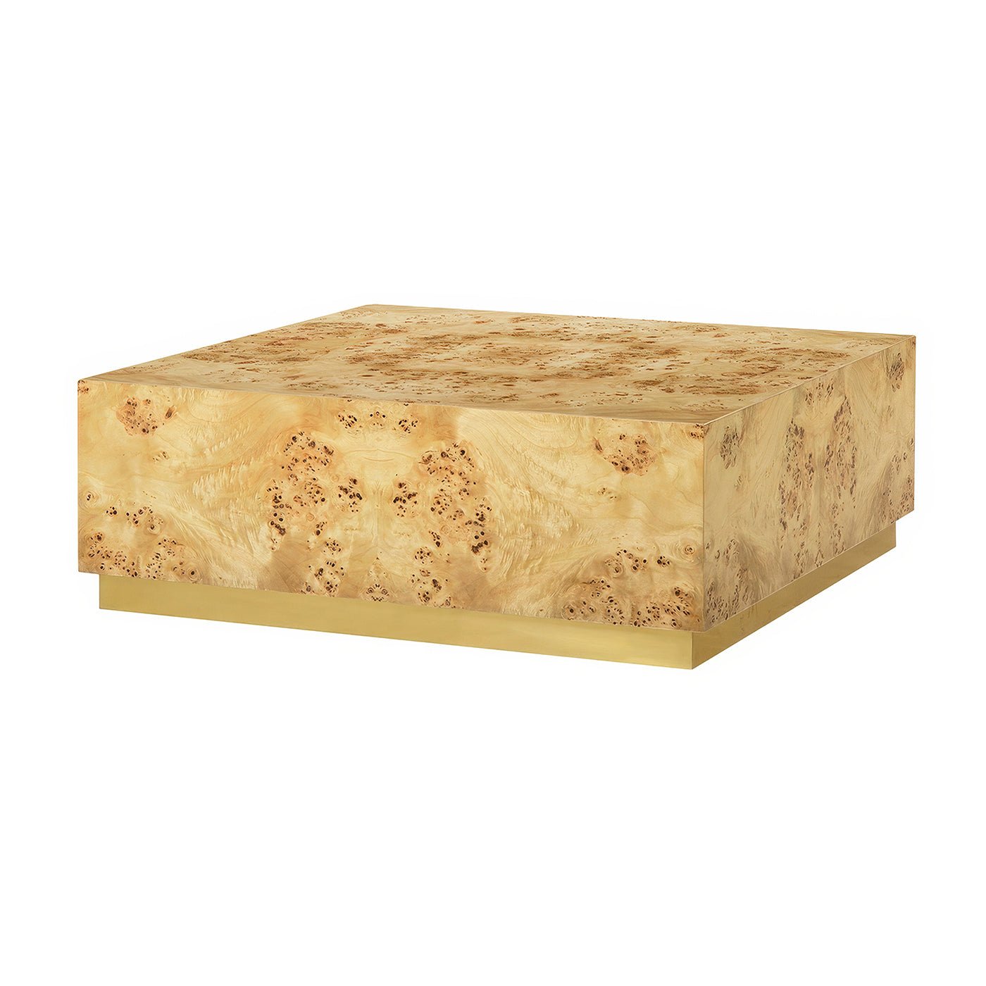 Light burl wood coffee table, square, front view.