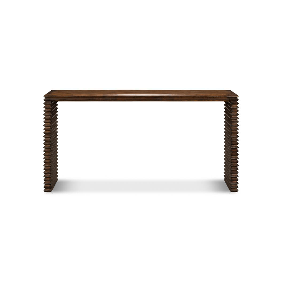 Front view, modern stacked pine console table.