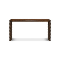 Front view, modern stacked pine console table.