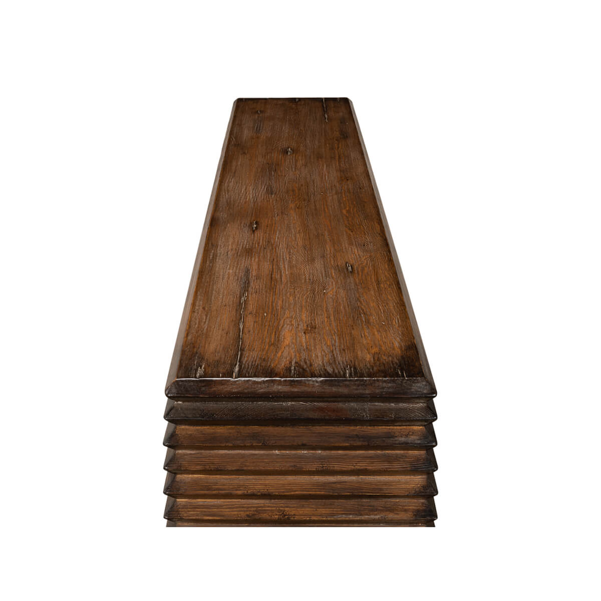 Top-down view, modern stacked pine console table.