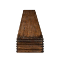 Top-down view, modern stacked pine console table.
