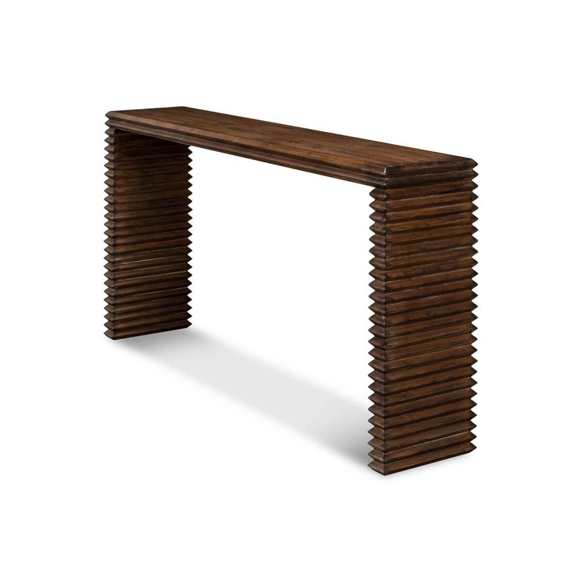 Angled side view, modern stacked pine console table.