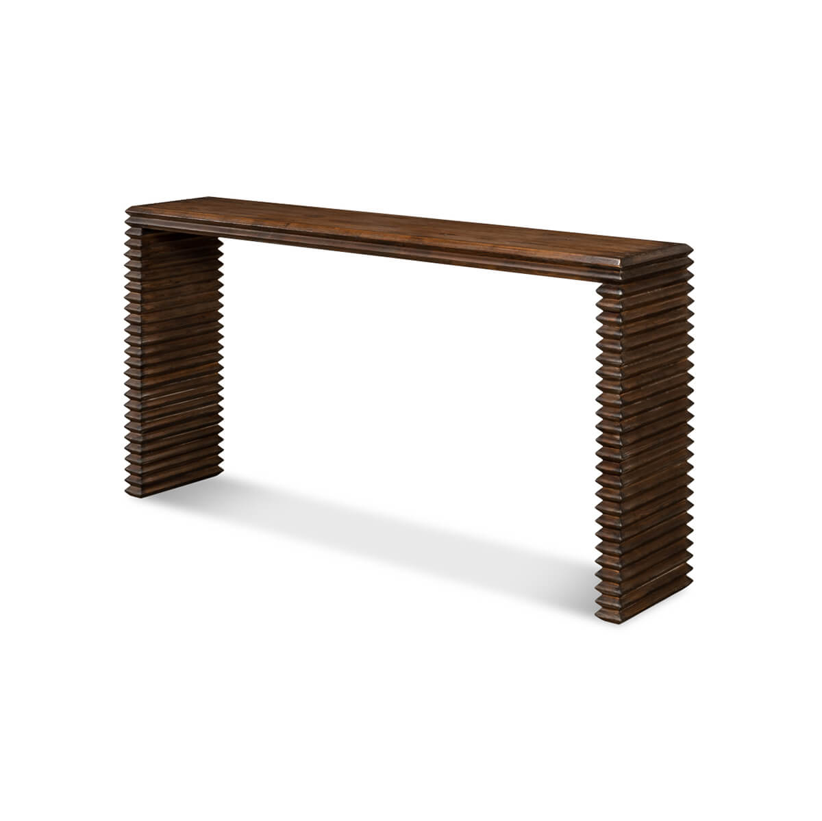 Modern stacked pine console table, angled front view.