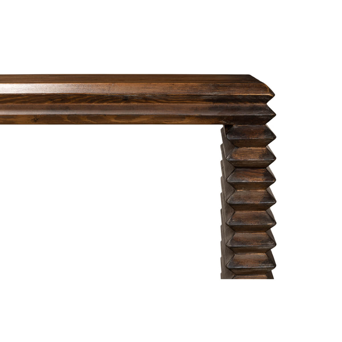 Close-up corner and leg, modern stacked pine console table.
