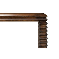 Close-up corner and leg, modern stacked pine console table.