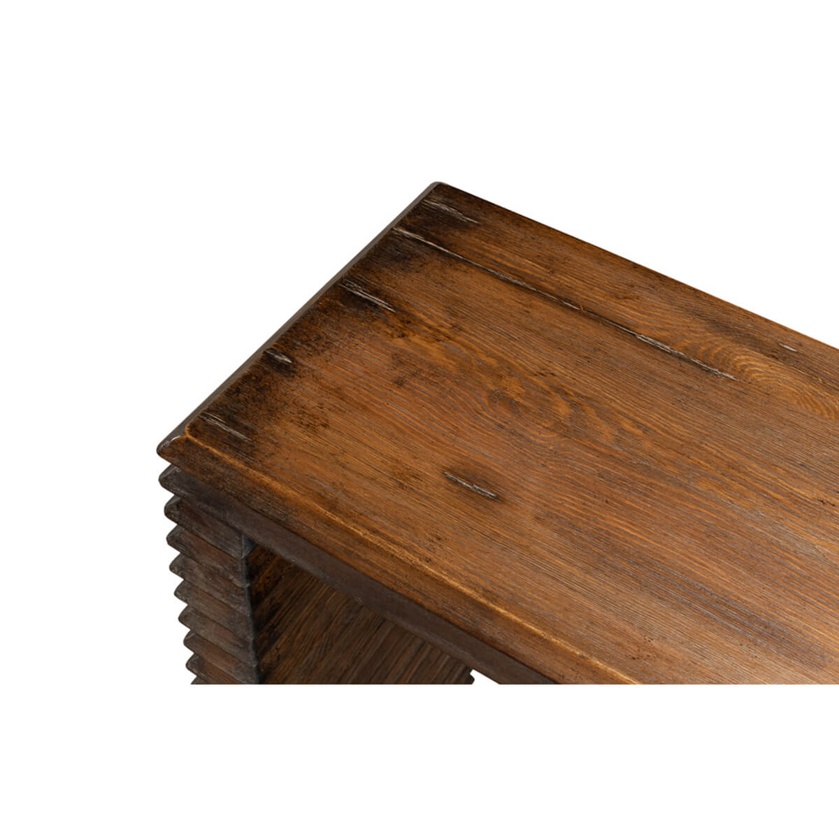 Close-up of top surface, modern stacked pine console table.