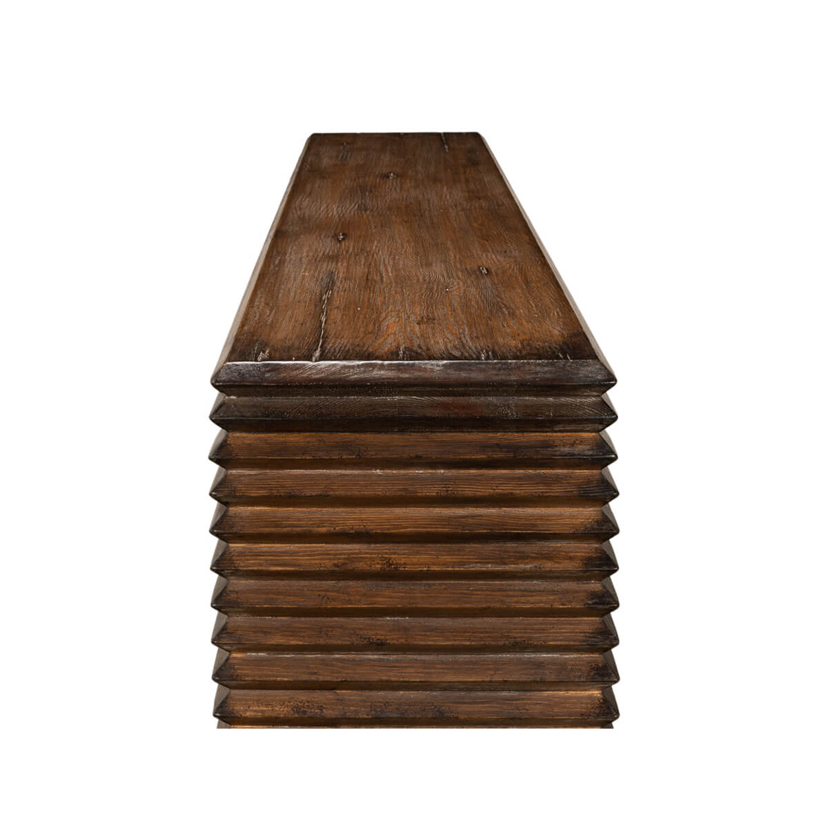 Alternate top-down view, modern stacked pine console table.