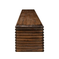 Alternate top-down view, modern stacked pine console table.