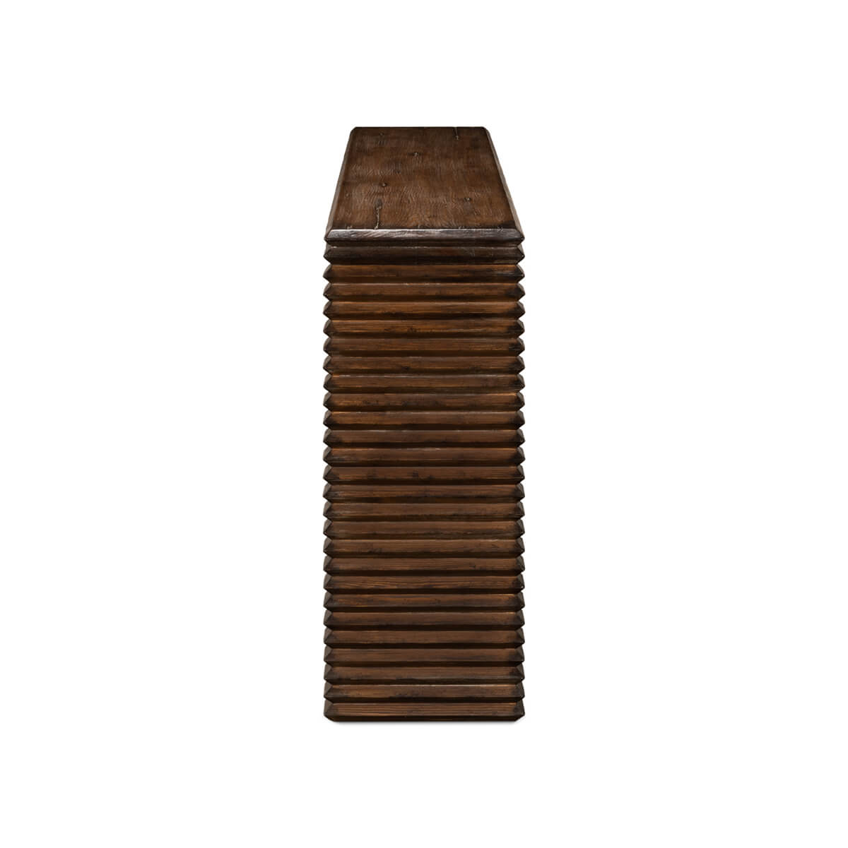 Side view, modern stacked pine console table legs.