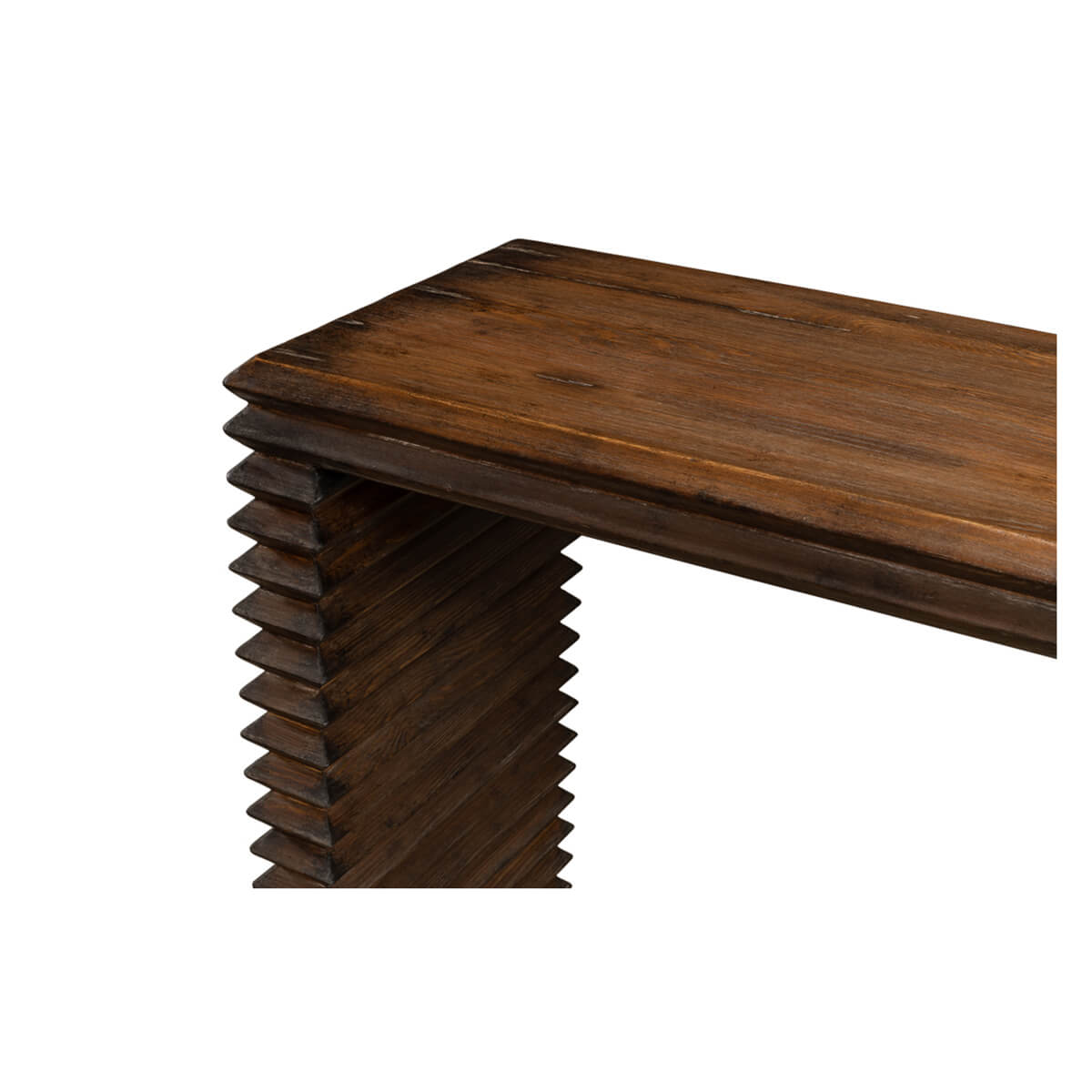 Corner detail, modern stacked pine console table.