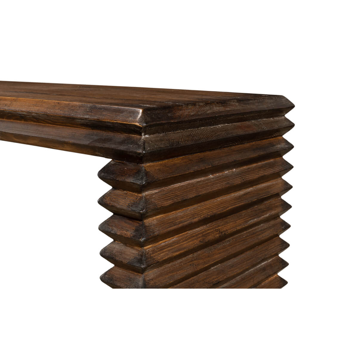 Detail of leg design, modern stacked pine console table.