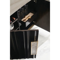 Modern stone top buffet, open cabinet with drawer detail.