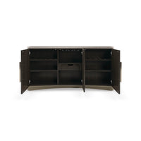 Modern stone top buffet, open showing interior storage.