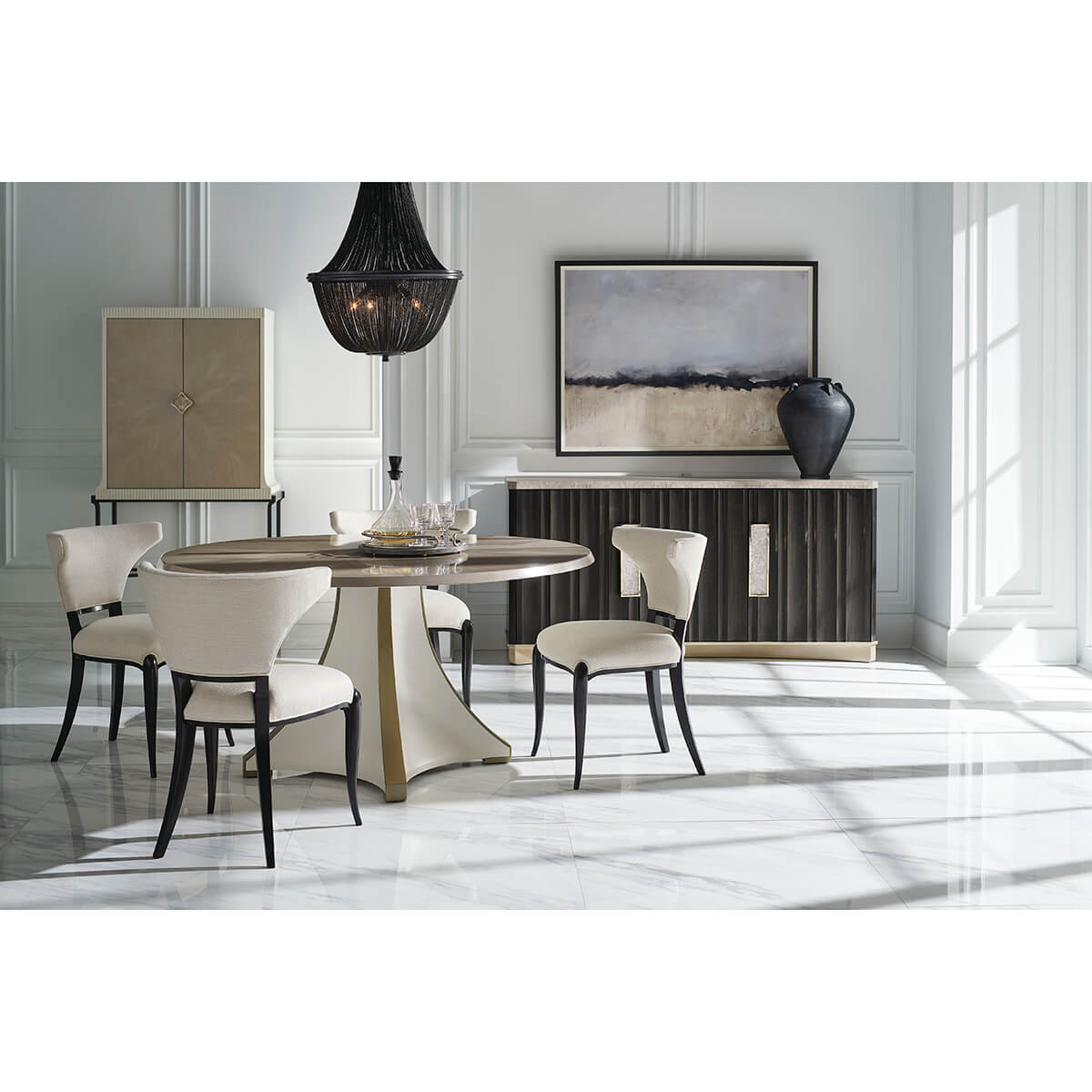 Modern stone top buffet with dining room furniture set.