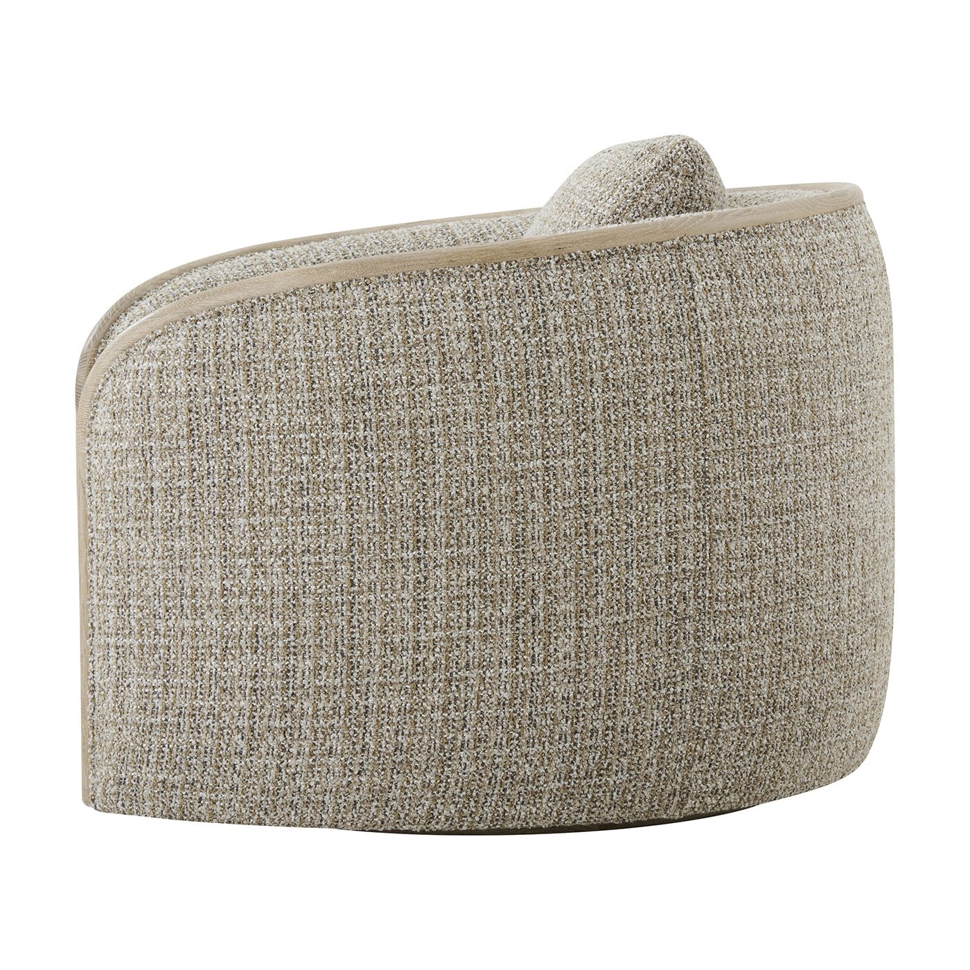 Side profile of modern swivel chair in beige.