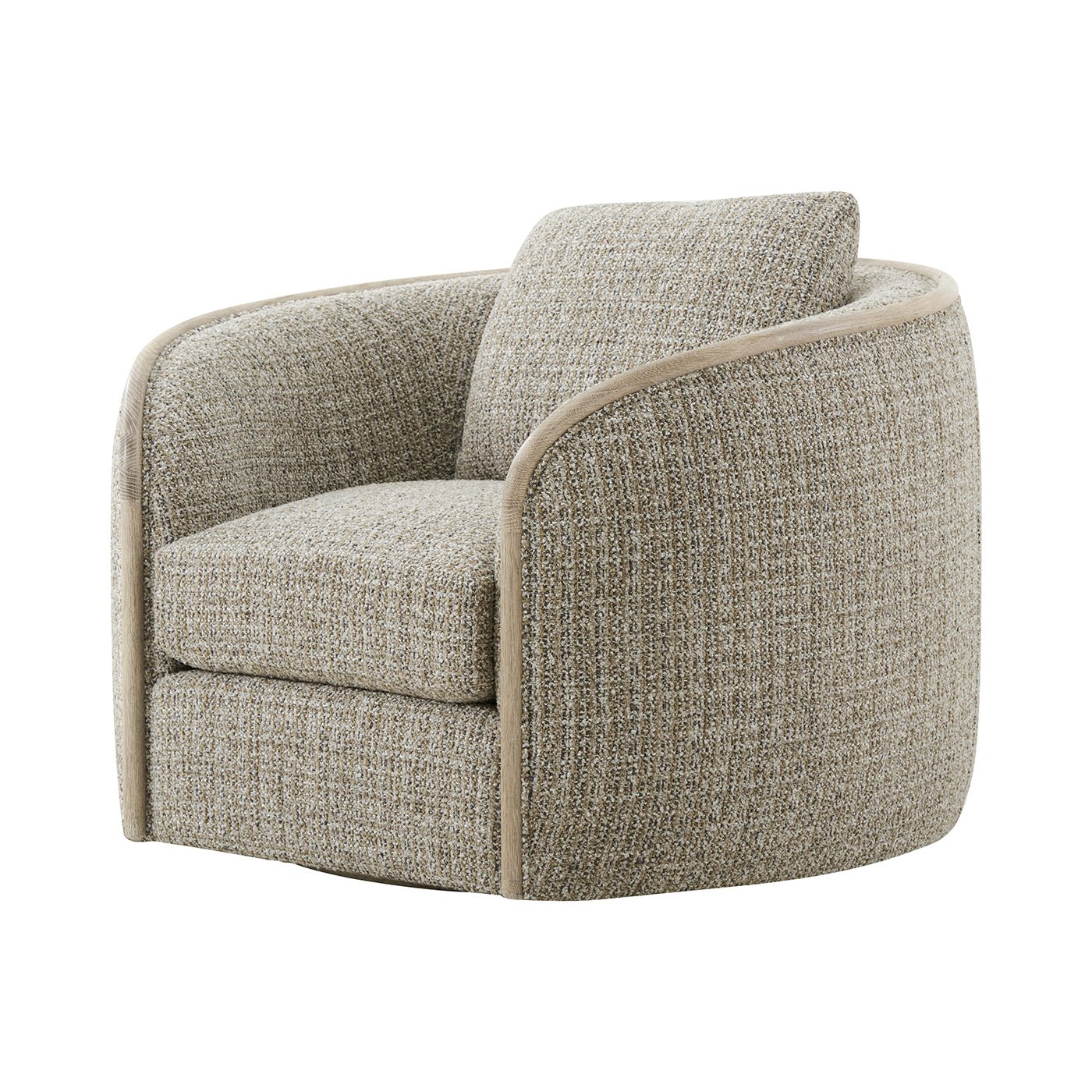 Beige modern swivel chair angled view.