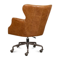 Brown leather desk chair, back side view.